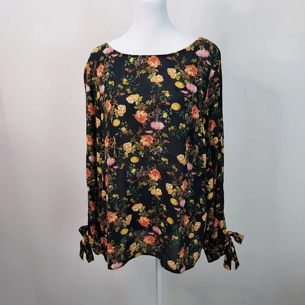Banana Republic Black Floral Long Sleeve Blouse Size Medium